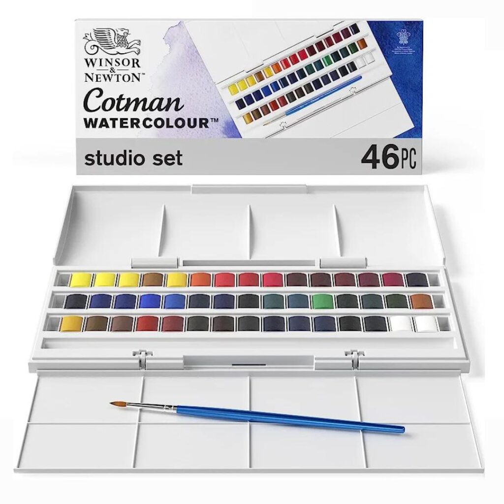 Confezione in plastica con 45 mezzi godet d’acquerello Winsor & Newton Cotman