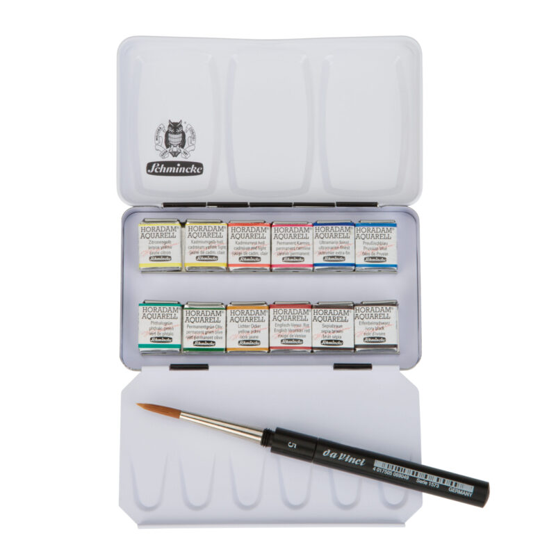 Set in metallo con 12 mezzi godet Schmincke HORADAM® acquerello e pennello da Vinci