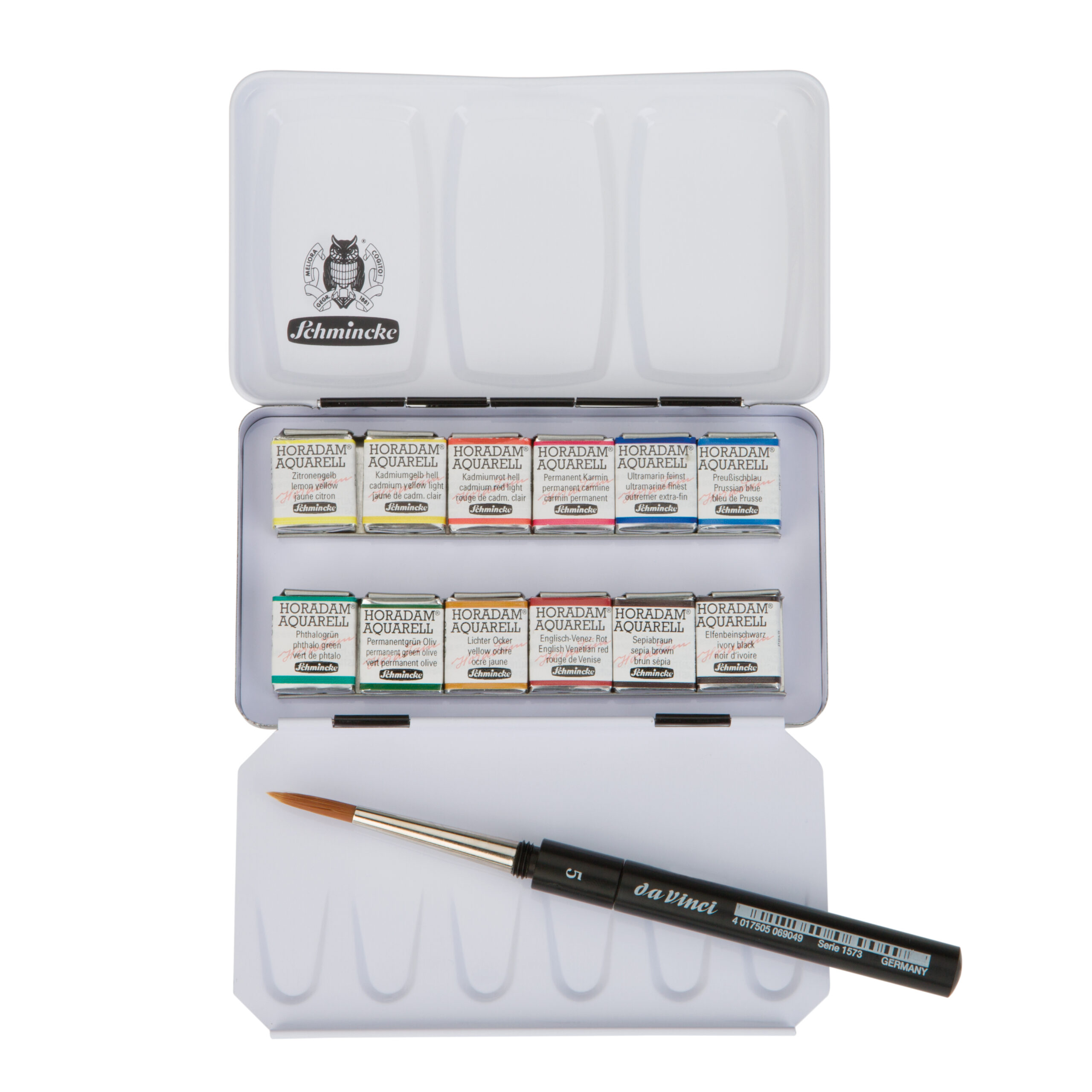 Set in metallo con 12 mezzi godet Schmincke HORADAM® acquerello e pennello da Vinci 1 Set in metallo con 12 mezzi godet Schmincke HORADAM® acquerello e pennello da Vinci