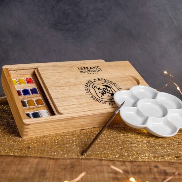 Confezione in legno con 12 mezzi godet d’acquerello Lefranc Bourgeois + accessori
