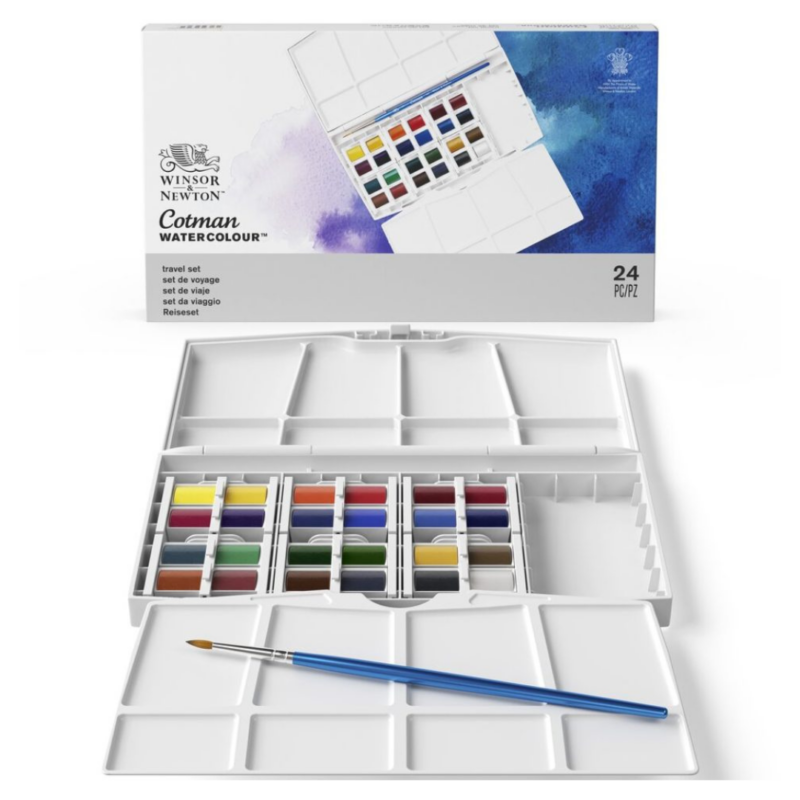 Confezione in plastica con 24 mezzi godet d’acquerello Winsor & Newton Cotman “PAINTING PLUS”