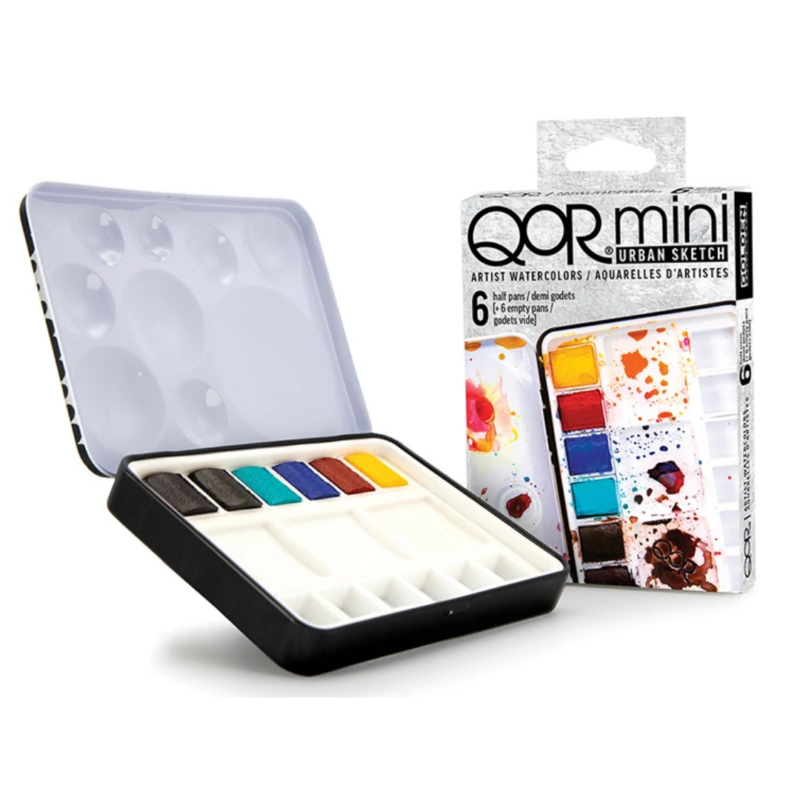 Confezione in metallo con 6 mezzi godet d’acquerello QoR mini Urban Sketch