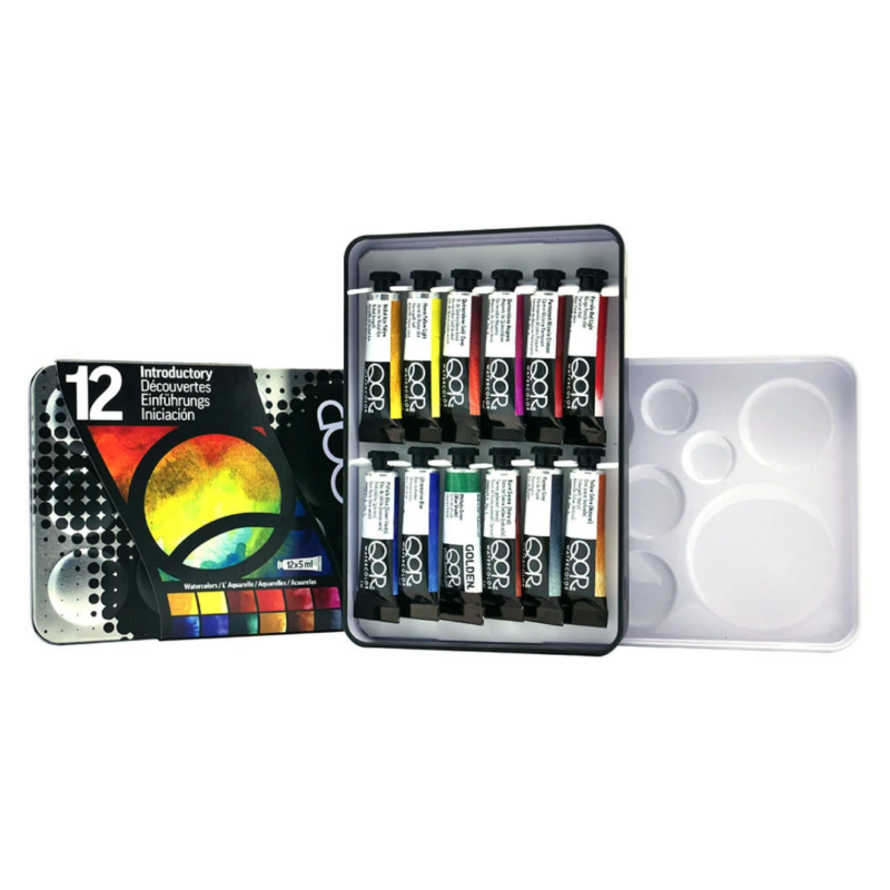 Confezione in metallo con 12 tubetti d’acquerello QoR set introduttivo
