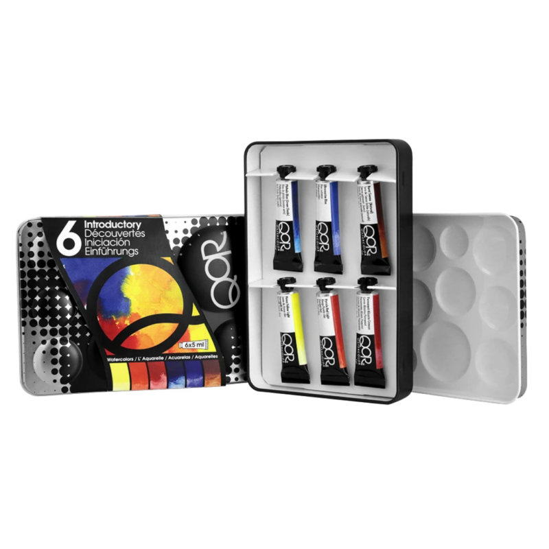 Confezione in metallo con 6 tubetti d’acquerello QoR set introduttivo